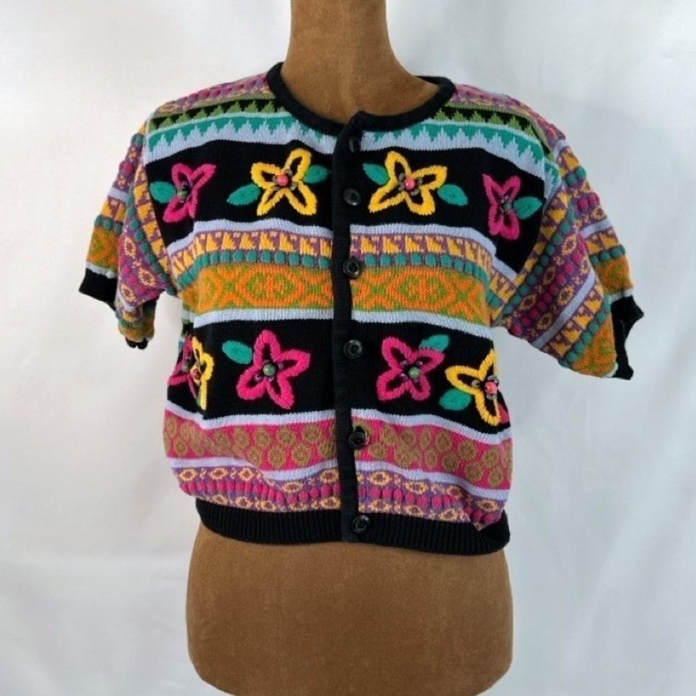 Vintage 80's Lizwear Cardigan Womens‎ Petite Beaded Floral Knit Cropped